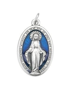 1 5/16" Miraculous Medal in Antiqued Silver Finish with Blue Epoxy