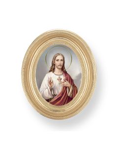 3 1/2" x 4 1/2" Gold Oval Frame with a Sacred Heart Print-P65