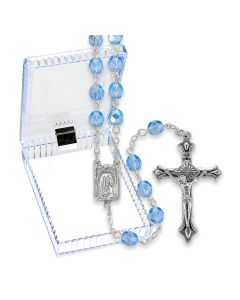 Sapphire Glass Bead Rosary with Deluxe Center and Crucifix, Boxed