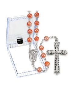 6mm Coral Marbleized Rosary with Center and Crucifix, Boxed