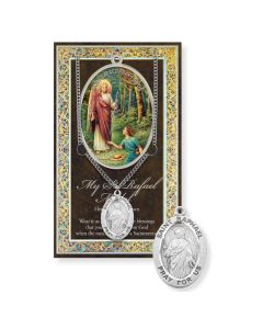 Saint Raphael Genuine Pewter Medal on a 24" Chain with Biography and Picture Folder