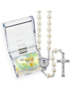 5mm White Pearlized Glass Bead First Communion Rosary, Boxed