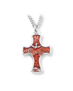 1 3/4" Silver Oxidized Holy Spirit Confirmation Cross with Red Epoxy on an 18" Chain