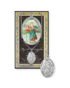 Saint Christopher Genuine Pewter Medal on a 24" Chain with Biography and Picture Folder