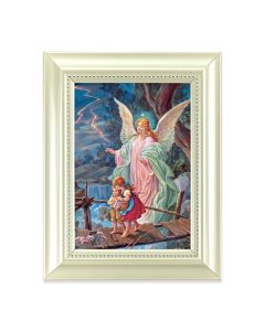 5 1/2 X 7" Pearlized White Frame with a Guardian Angel on Bridge Print
