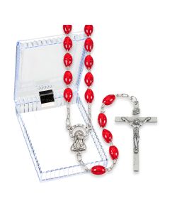 Oval Red Plastic Bead Rosary, Boxed