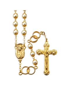 White Pearl Bead Gold Wedding Ring Rosary, Boxed