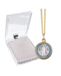 Saint Benedict Epoxied Medal with Gold Finished Rim on a 18" Chain, Boxed