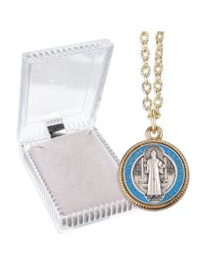 Saint Benedict Epoxied Medal with Gold Finished Rim on a 24" Chain, Boxed