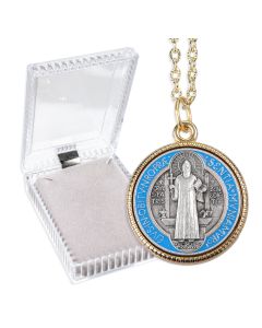 Saint Benedict Epoxied Medal with Gold Finished Rim on a 24" Chain, Boxed