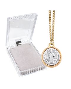 Saint Benedict Medal with Gold Finished Rim on a 24" Chain, Boxed