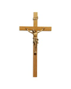 10" Oak Cross with Hand Polished Antiqued Gold  Finish Genuine Pewter Corpus. Made in USA. Gift Boxed.