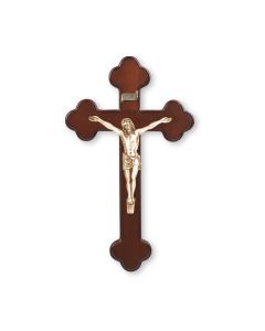 10" Dark Cherry Wood Cross with Museum Gold Finish Antiqued Corpus