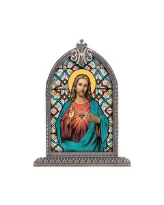 Sacred Heart of Jesus Silver Arch Framed Liturgical Glass Art-P65