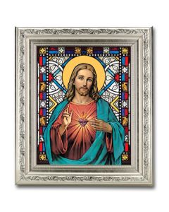 8.25" x 10.25" Silver Ornate Frame with a 6" x 8" Sacred Heart Jesus Textured Glass Artwork