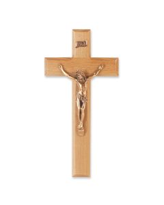 10" Oak Wood Cross with Museum Gold Toned Corpus