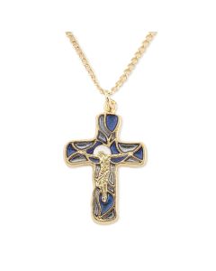 1 1/4" Gold Finished Crucifix with Blue Epoxy on an 18" Gold Finished Chain, Boxed