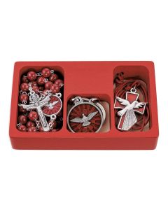Confirmation Set Including Rosary, Keychain, and Pendant on Red Cord in Red Wooden Box