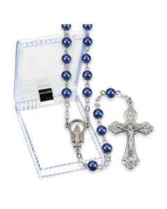 Sapphire Faux Pearl Bead Rosary, Boxed