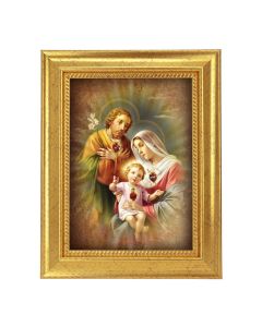 6 3/4" X 8 3/4" Gold Leaf Finish Frame with 5" X 7" Holy Family-Three Hearts Textured Art