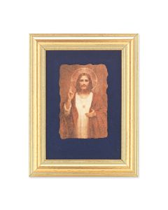 5" x 6.5" Gold Leaf Frame with 2.5" x 3.25" Chambers: Sacred Heart of Jesus Fresco Print Mounted on Blue Velvet Lining