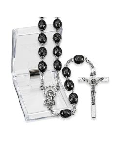 Black Carved Wood Bead Rosary, Boxed