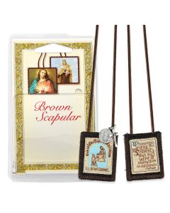 1 1/2" x 2" Our Lady of Mount Carmel Genuine Brown Wool Scapular with St. Benedict Medal and Crucifix in Deluxe Packaging