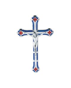 7" Silver Finished Crucifix with Blue and Red Epoxy