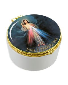 Porcelain Rosary Box with Divine Mercy Glass Cover 1 1/2" high x 2 3/8" diameter-P65
