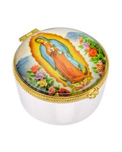 Porcelain Rosary Box with Our Lady of Guadalupe Glass Cover 1 1/2" high x 2 3/8" diameter-P65