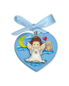 Blue Heart Wood Plaque with Angel, Moon and Bear