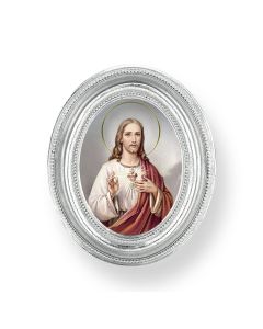 3 1/2" x 4 1/2" Silver Oval Frame with a Sacred Heart of Jesus Print-P65