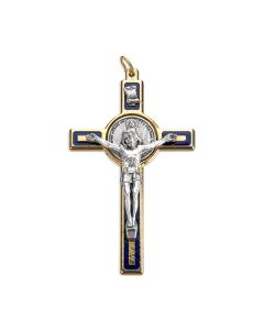 3" Gold Miraculous Medal Crucifix with Antique Silver Corpus and Medal with Blue Epoxy (Boxed)