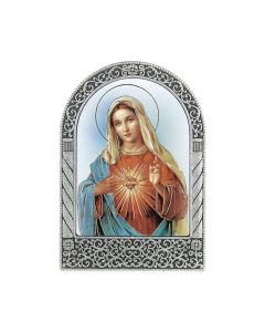 Antique Silver Metal Arched Easel with Gold Embossed Immaculate Heart of Mary Print