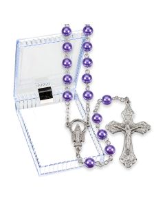 Light Amethyst Faux Pearl Bead Rosary, Boxed