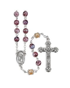 Purple Swirl and Faux Pearl Glass Bead Rosary