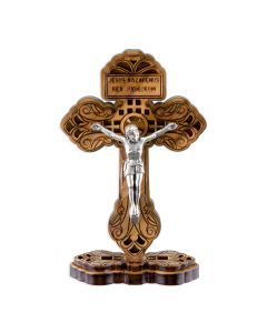 3 3/4" Standing Olive Wood Pardon Crucifix with Silver Oxidized Corpus