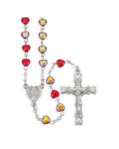 Red Iridescent Heart Shaped Bead Rosary