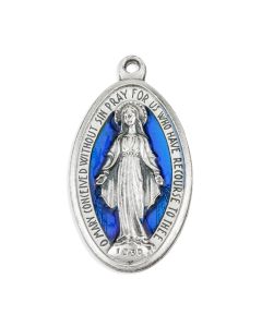 1 13/16" Miraculous Medal in Antiqued Silver Finish with Blue Epoxy