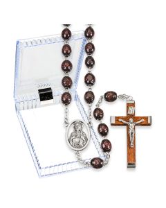Maroon Wood Carved Bead Rosary, Boxed