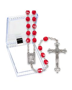 Ruby Glass Bead Rosary with Deluxe Center and Crucifix, Boxed