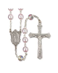 Rose Pearl Bead Rosary with Floral Our Father Beads