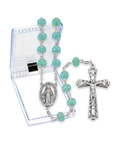6mm Light Blue Crystal Round Textured Bead Rosary in a Plastic Hinged Box 20 1/2"-P65