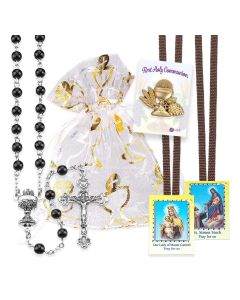 First Holy Communion Set including Black Glass Bead Rosary, Gold Tone Chalice Pin and Scapular in Drawstring Organza Bag with Chalice Print