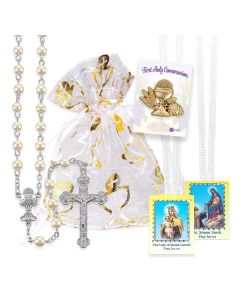 First Holy Communion Set including Imitation Pearl Glass Bead Rosary, Gold Tone Chalice Pin and Scapular in Drawstring Organza Bag with Chalice Print