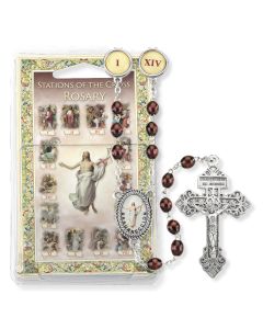 Brown Wood Bead Stations of the Cross with Images Specialty Rosary Boxed