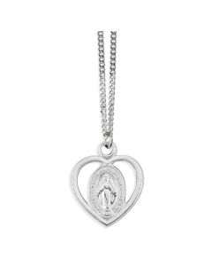 1" Pewter Heart Shaped Miraculous Medal Pendant on a 16" Chain, Carded