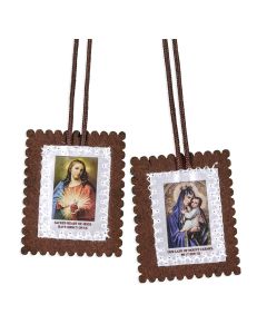2 1/2" x 3 1/4" Large Brown Felt Scapular with Cloth Image on 22" Brown Cords. 