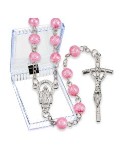 6mm Pink Hammered Bead Rosary, Boxed-P65