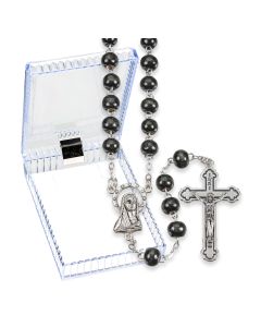 6mm Round Black Wood Bead Rosary, Boxed